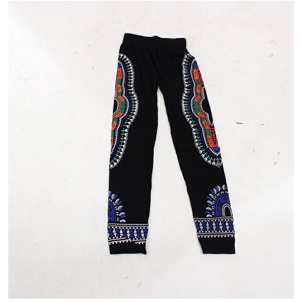 Traditional Print Black Leggings One Size w/blue green & orange
